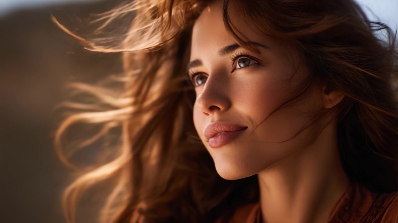 Primo piano accattivante di una giovane donna con capelli fluenti e espressione serena alla luce naturale, che sottolinea la bellezza della libertà e della pace interiore