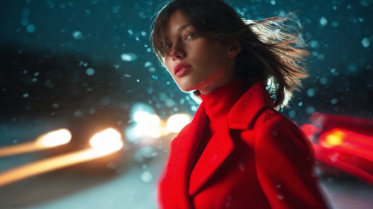 A striking scene of a young woman in a vibrant red coat amidst a snowy night setting, captured with soft focus and illuminated by swirling lights from passing vehicles, showcasing elegance and mystery