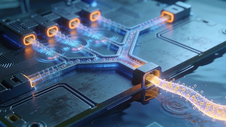 Entering glowing particle stream pushing bubbles through grommet into PCB, lighting orange ports