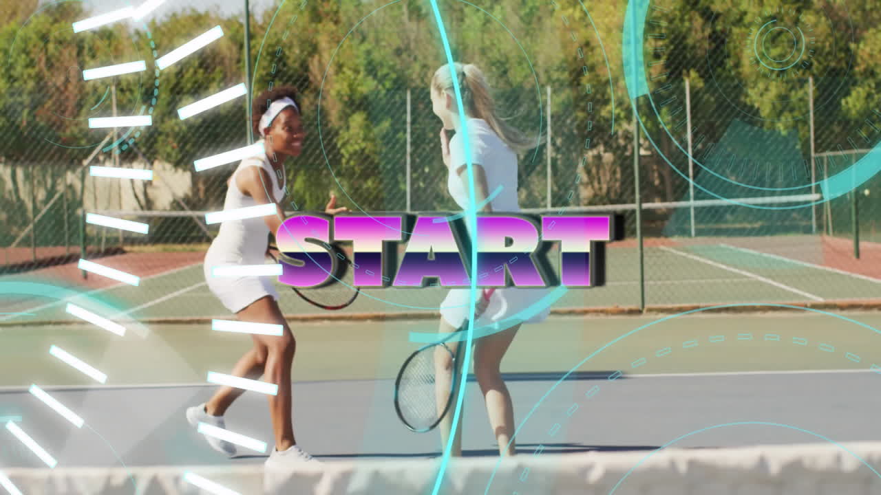Tennis players on court with START text and dynamic graphic animation