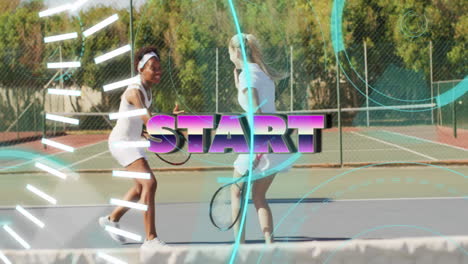 tennis players on court with start text and dynamic graphic animation