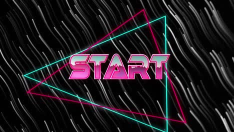 Animation-of-start-text-over-neon-banner-against-wavy-lines-in-seamless-pattern-on-black-background