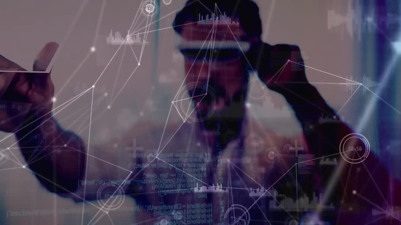 Animation of network of connections with statistics over man wearing vr headset
