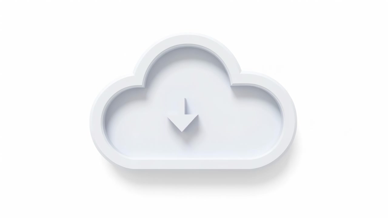 Frontal close-up of white three-dimensional cloud symbol centered on bright high-key background, showing recessed arrow detail that suggests upload and download states with smooth matte surface and