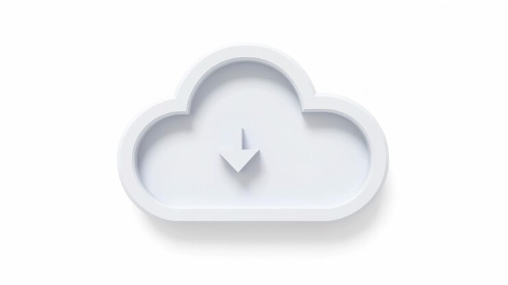 Frontal close-up of white three-dimensional cloud symbol centered on bright high-key background, showing recessed arrow detail that suggests upload and download states with smooth matte surface and