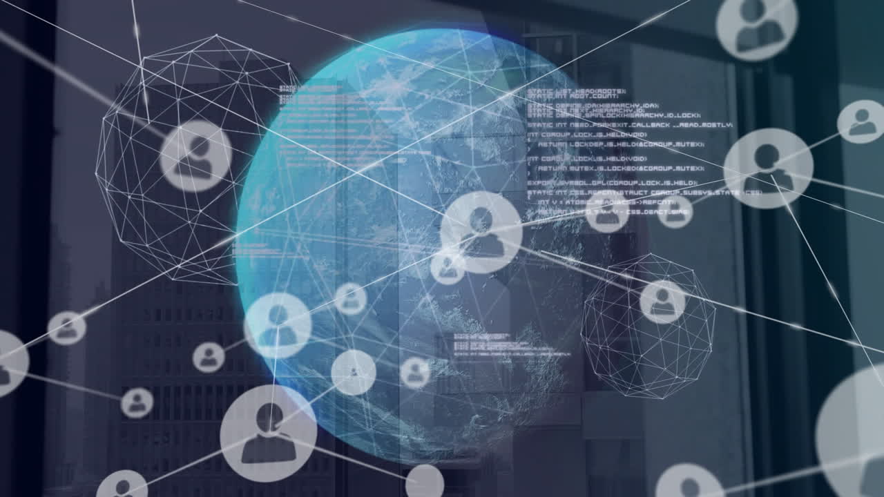 Global network connections and data exchange animation over cityscape background