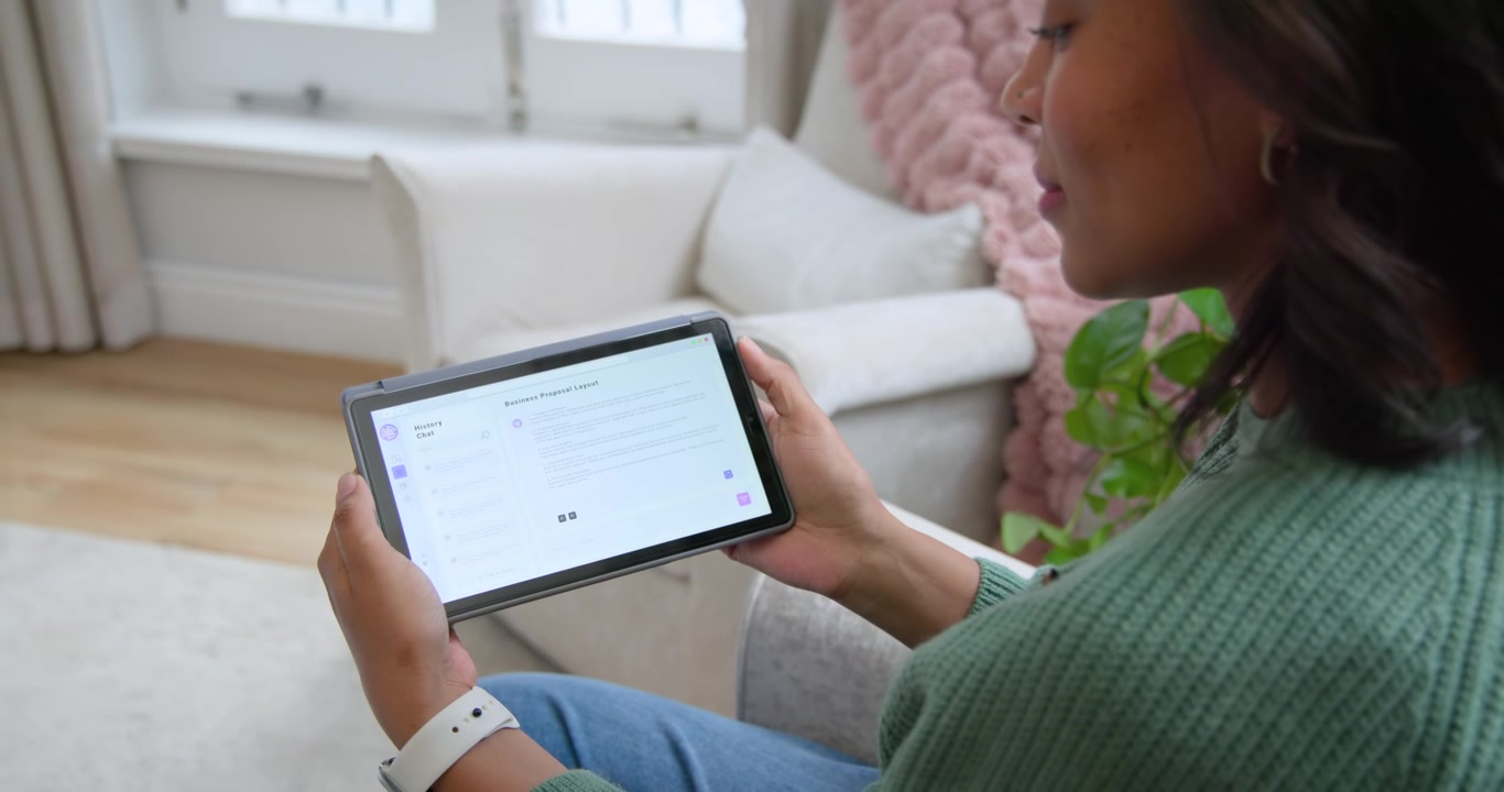 Donna afroamericana che solleva un tablet, lo inclina verso il viso e legge vicino alla finestra, con spazio per il testo.