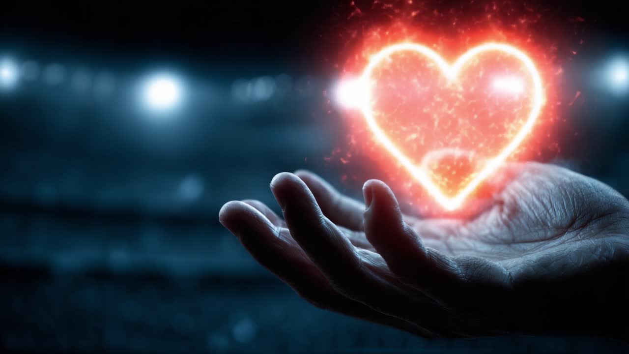 An Enigmatic Hand Embracing a Glowing Heart: A Captivating Display of Light and Emotion in a Darkened Stadium Setting