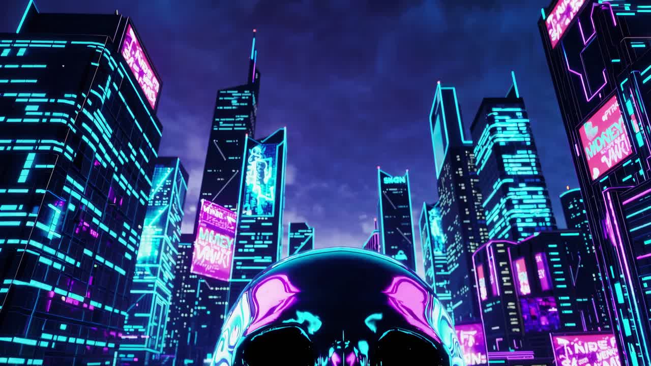Neon Cyberpunk City Skull