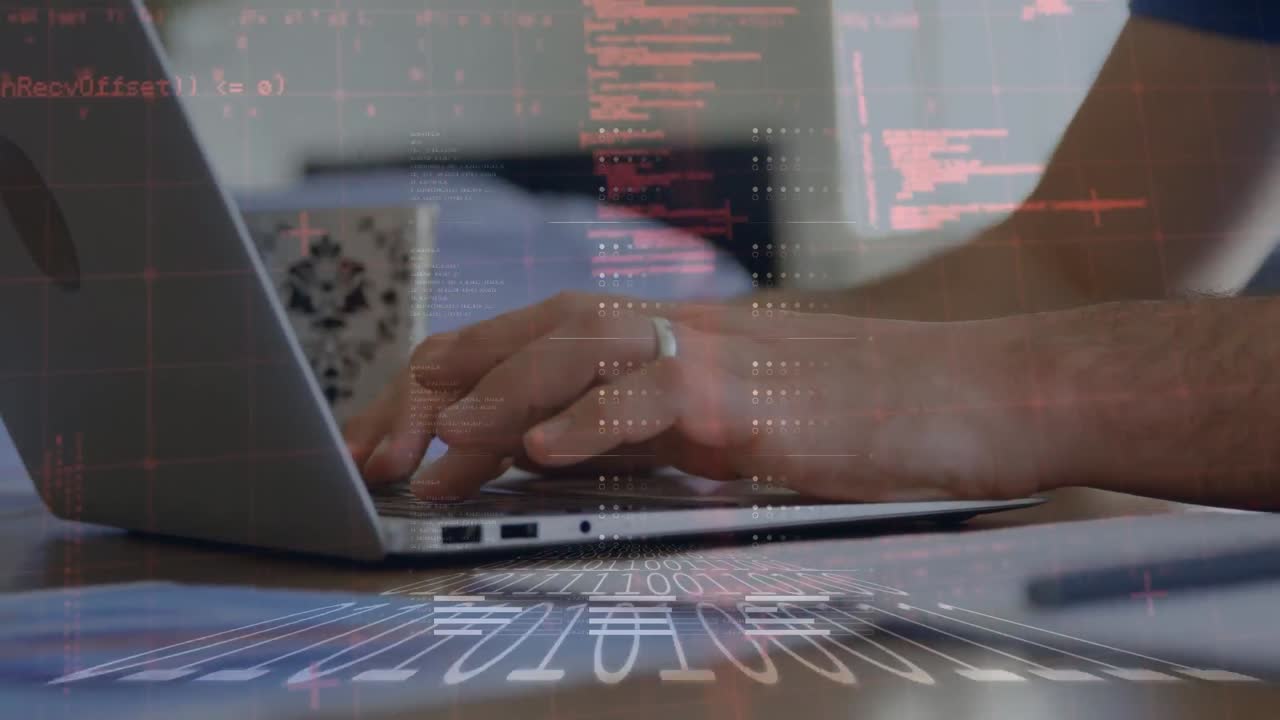 animación del procesamiento de datos sobre una persona que utiliza una computadora portátil