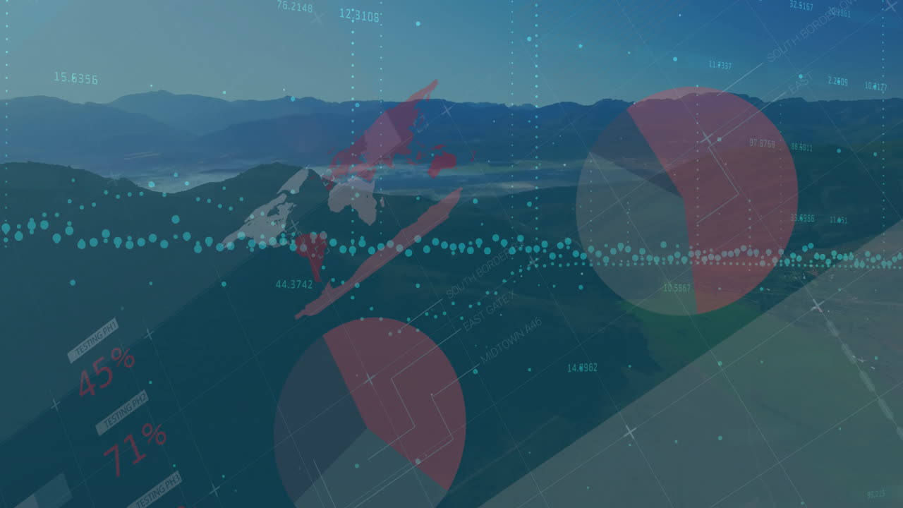 Large transparent red grey pie-chart overlay floating over mountains, showing teal dotted data line