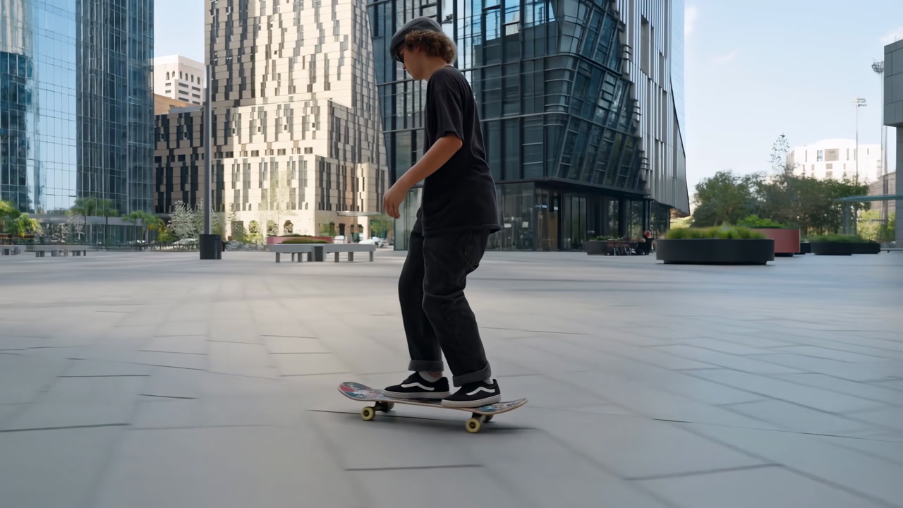 Teen Skateboarder Urban Plaza Cruising Young Man Practices Push And Balance Across Smooth Concrete Near Modern