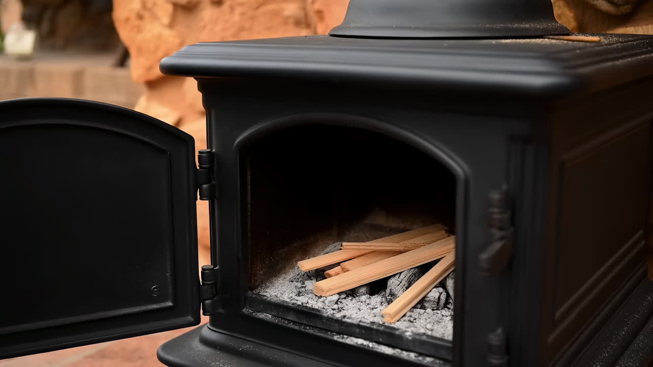 Gloved Hands Placing Kindling In Stove, Homeowner Preparing Fire In Cast Iron Stove, Stone Hearth Backdrop,