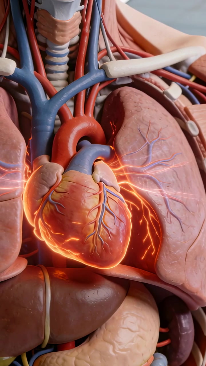 Video verticale: Modello di cuore scintillante che pulsa all'interno di un torace aperto, mostrando la conduzione coronarica.