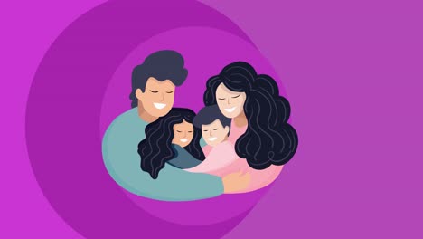 animación de una familia feliz abrazándose sobre un fondo púrpura