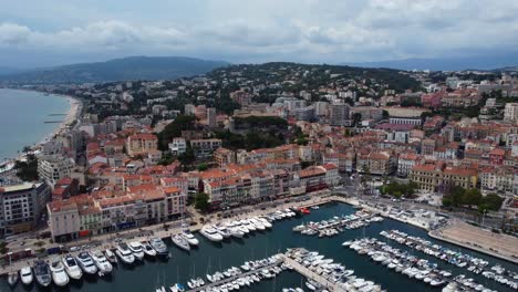 Drone-shot-of-Le-Suquet-old-historic-town-in-Cannes-city-in-France