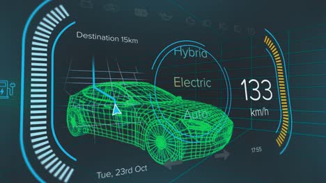 animation of speedometer over 3d model of a car moving against blue background