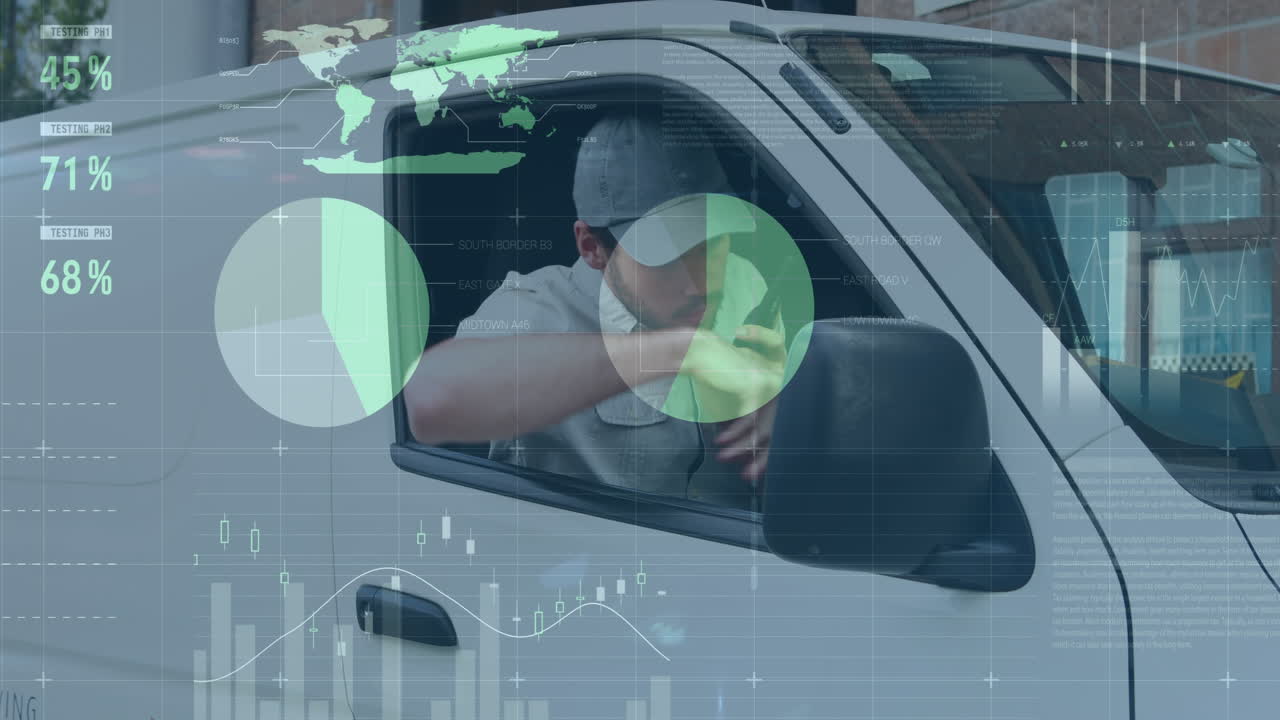 배달 직원이 라디오 4k에서 이야기하는 동안 그의 밴에 들어갑니다.