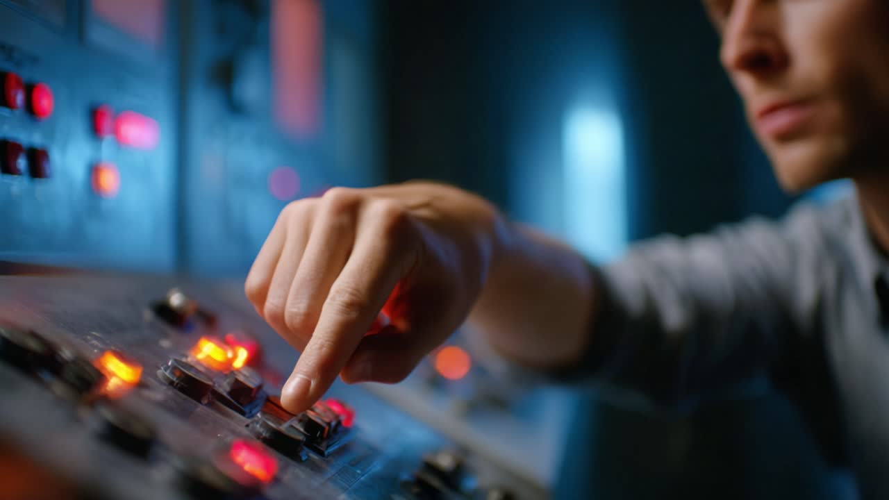 A focused operator engages with complex control panel, adjusting settings in a dimly lit environment, showcasing precision and technological interaction