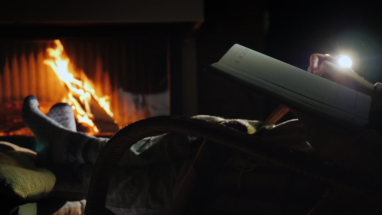 한 남자가 벽난로 옆에 앉아 있는 공책의 빈 페이지에 글을 쓰기 시작합니다