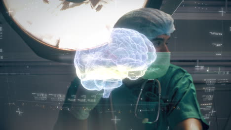 Futuristisches-Biomedizinisches-Konzept-Eines-Arztes,-Der-Die-Neuronenpathologie-Und-Den-Diagnostischen-Scan-Des-Gehirns-Eines-Patienten-Vorab-Holographisch-Scannt