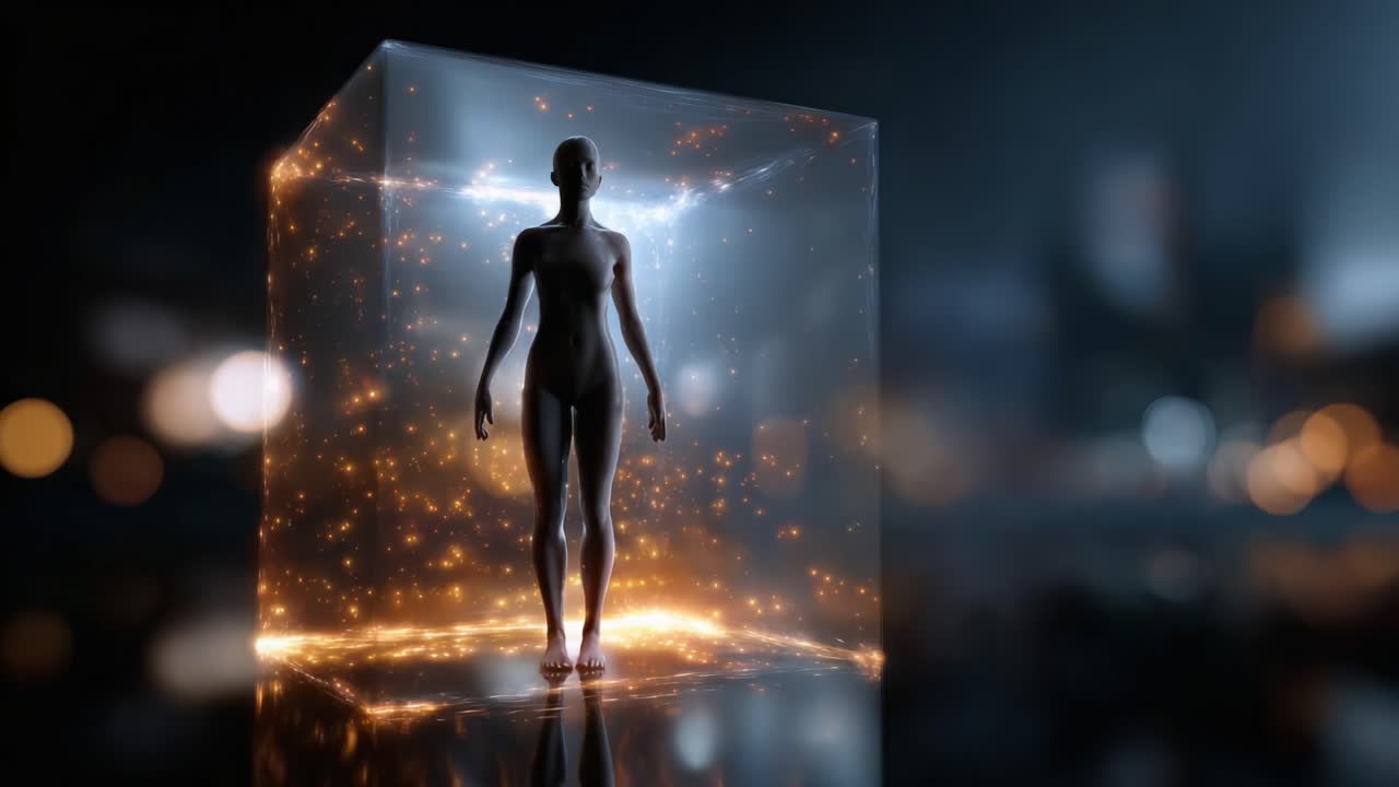 A futuristic digital representation of a humanoid figure enclosed within a luminous cube, capturing a mesmerizing blend of technology and human form in a surreal setting