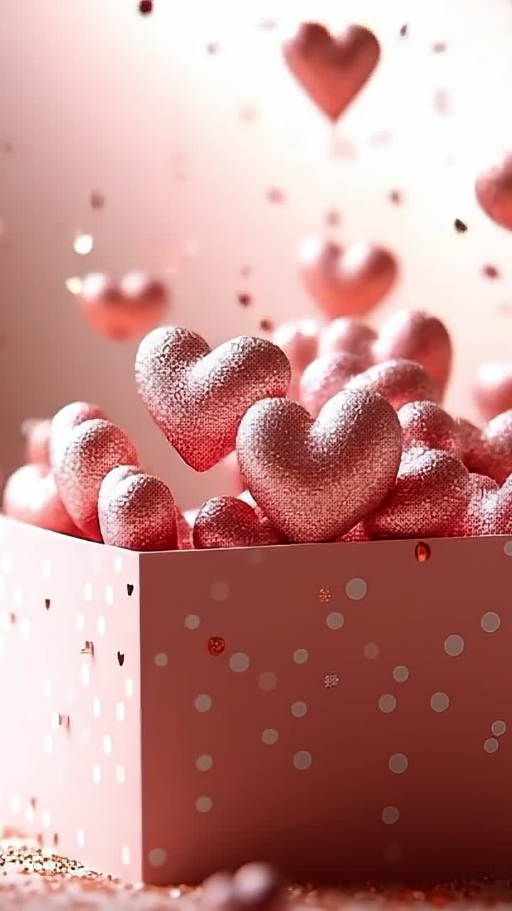 Heart-shaped decorations fill a gift box. A pink gift box overflows with glittery heart-shaped decorations, creating a festive atmosphere of love and joy.