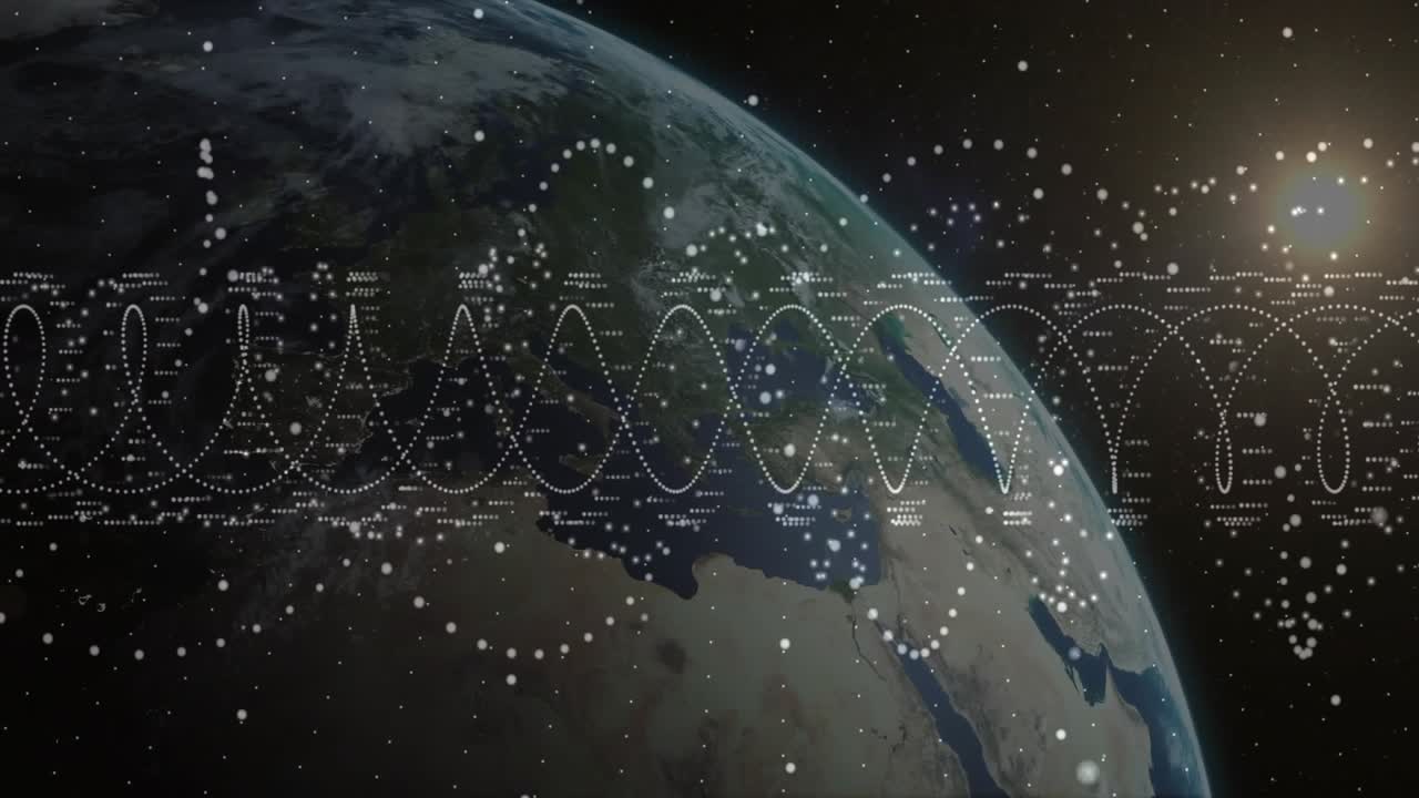 Upon starfield loading, sinewave moving pulsing dots and labels as Earth rotating into sunrise glow