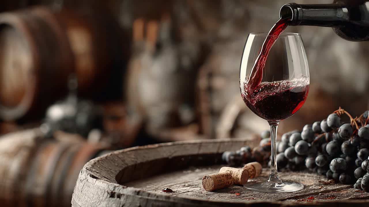 Fesselnde Momente des Einschenkens von Wein: Ein reichhaltiges, rotes Erlebnis entfaltet sich vom Fass bis zum Glas in einem eleganten Rahmen mit Trauben und Korken