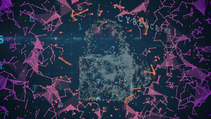 Animation of padlock icon and data processing with network of connections on black background