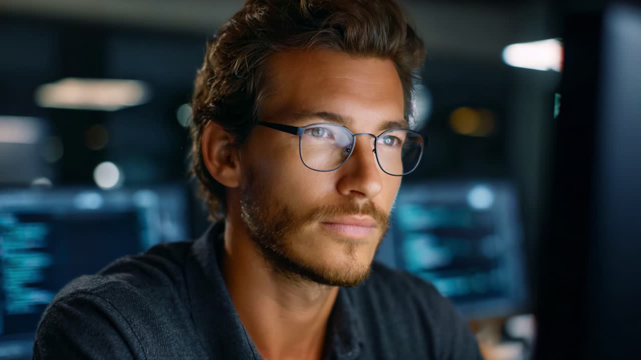 Focused Male Professional with Glasses Engaged in Work at Computer, Highlighting Concentration and Intensity in a Modern Office Environment