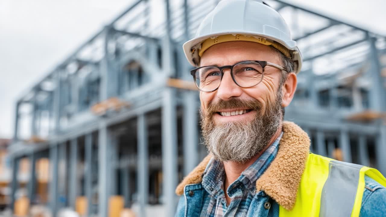 Confident Construction Worker Smiling at a Building Site, Showcasing Safety Gear and Professional Attitude Amidst Ongoing Structural Development