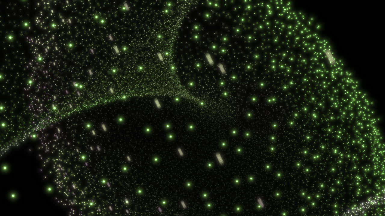 파랄락스 개념: 회전된 반이는 녹색과 색 입자 형성으로 추상적인 시각화 - 3d 모션 디자인 배경 4k