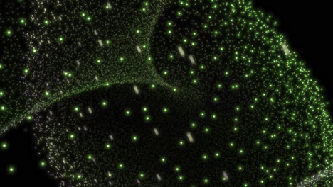 parallax concept abstract visualisation with twisted glowing green and white particle formation - 3d motion design background 4k