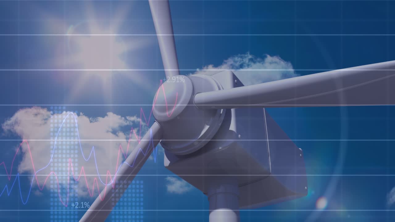 Animatie van financiële gegevensverwerking boven een elektrische windmolen