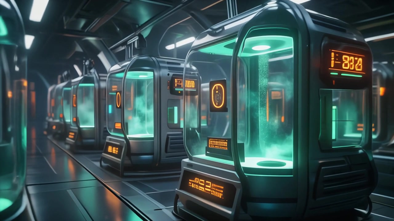 Futuristic Laboratory Corridor with Glowing Cryogenic Storage Pods