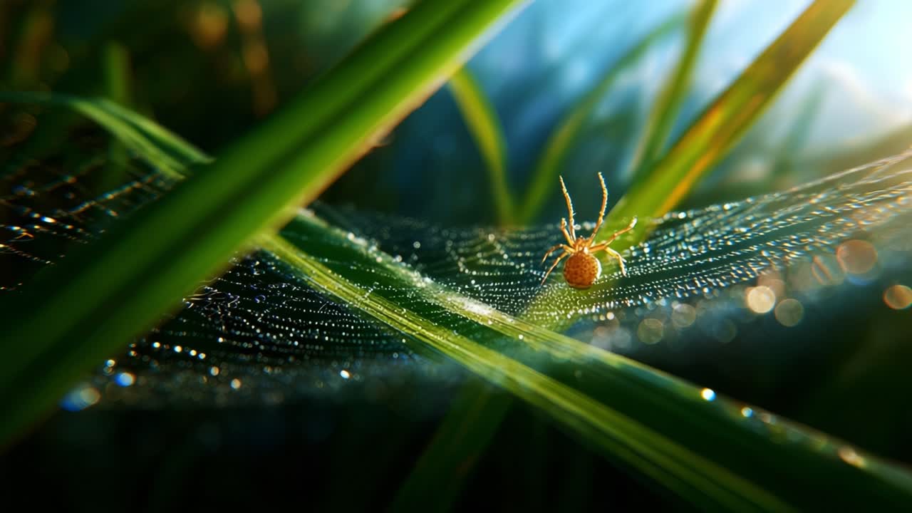 Intricate Encounter: A Close-Up of a Spider on a Dew-Kissed Web, Capturing the Beauty of Nature's Details and the Delicate Balance of Life in a Serene Setting