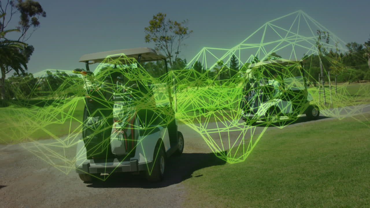 Golf carts sitting on path at golf course, showcasing neon green wireframe overlay in technology