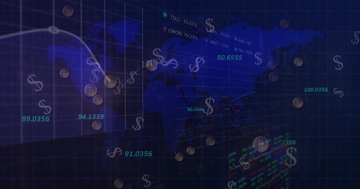 Animation of clouds with network of connections over digital icons and world map