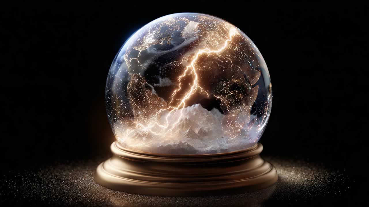 An Enchanting Glimpse Inside a Snow Globe Featuring a Shimmering Earth with Captivating Lightning Effect, Combining Elements of Nature and Fantasy Under a Mysterious Dark Atmosphere