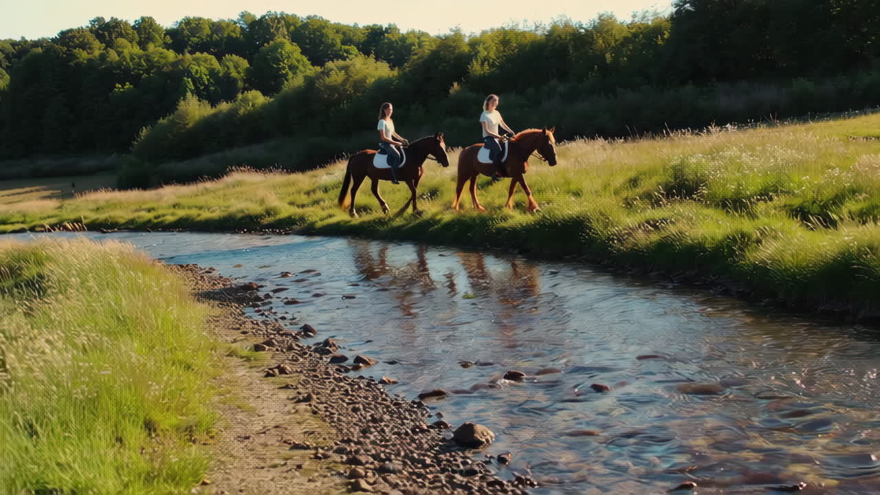 Women Horseback Riding in a Countryside River