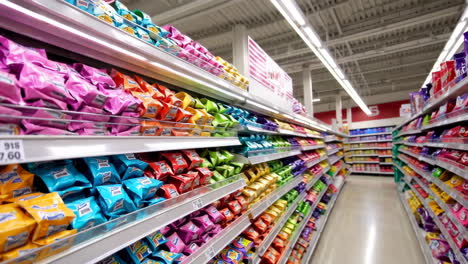 colorful snack bags on shelves in a supermarket aisle