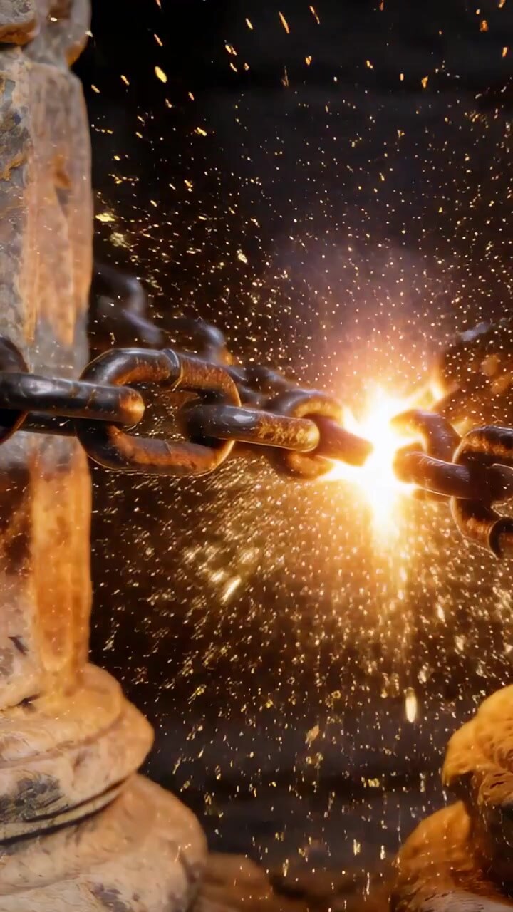 Vertical video: Moving blue torch striking steel chain link in workshop, heating metal, sparking