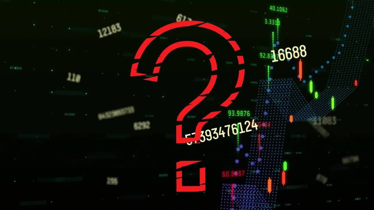 Question mark symbol and multiple changing numbers against financial data processing