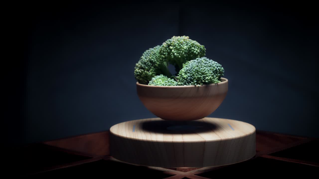 4K Abstract Levitation Platform with Broccoli on Black Background