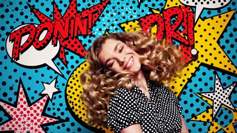 woman with curly hair and pop art background