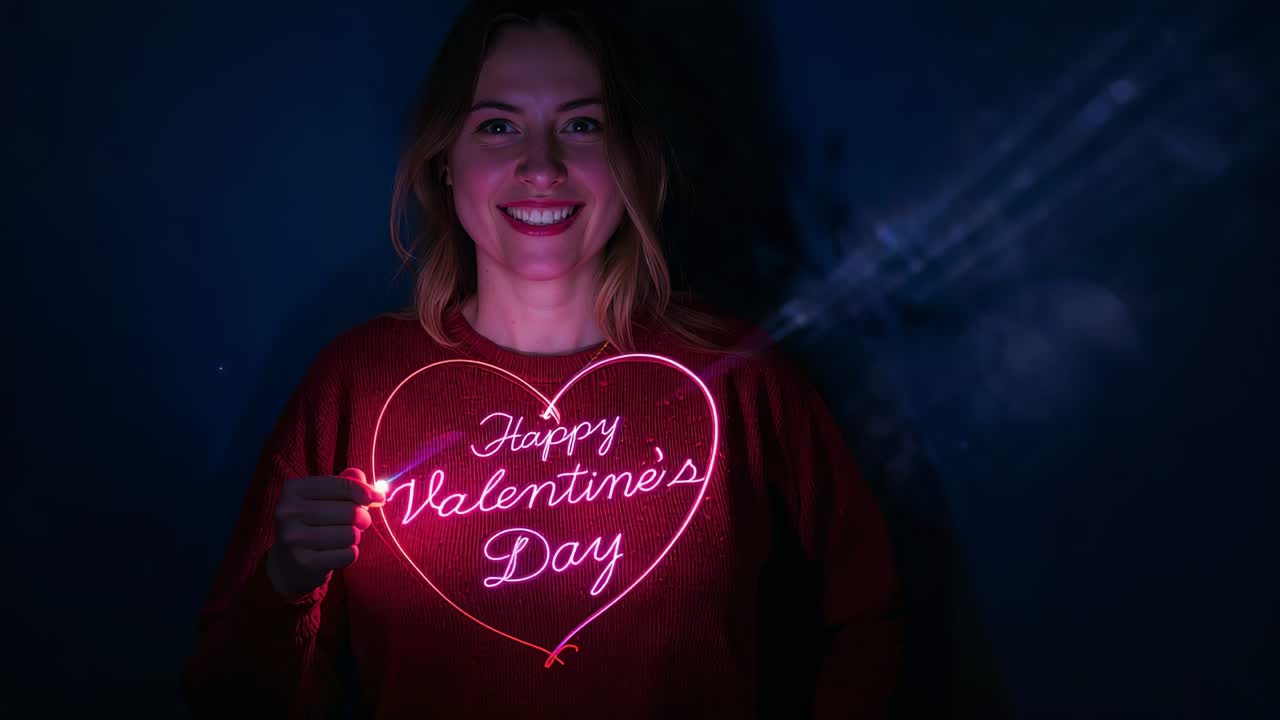 Lighting neon heart, woman centered blue wall holding heart handle, in red sweater for Valentine's