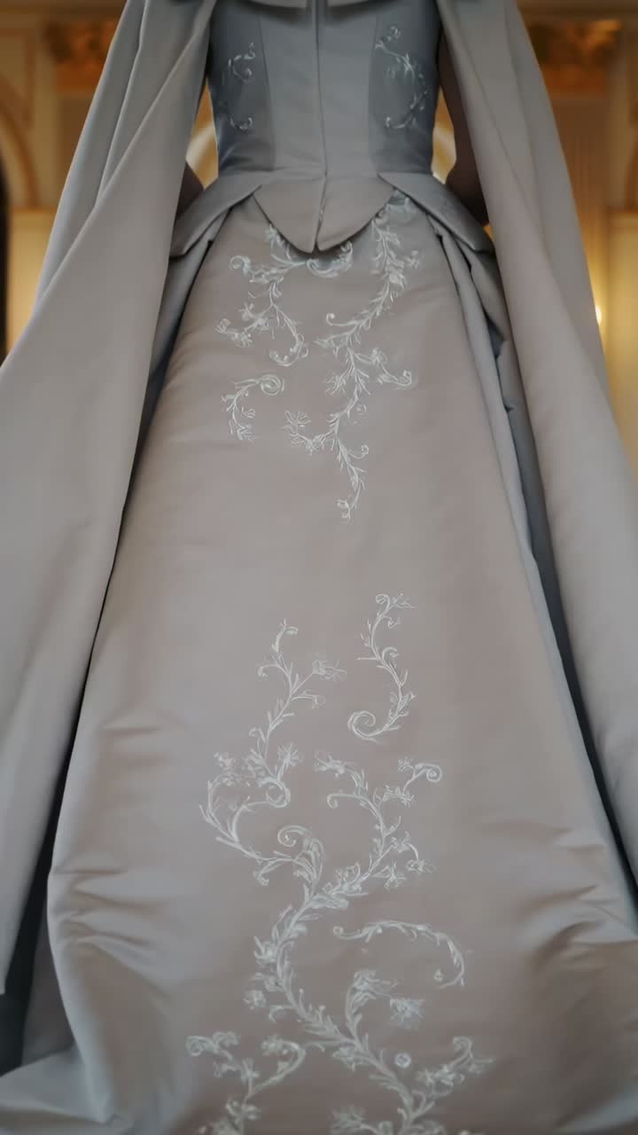 Vertical video: Camera pulling back, woman standing centered under arch, revealing embroidered gown