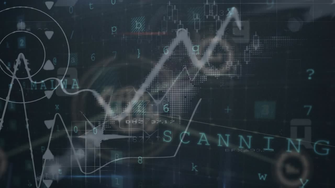 Animation of graphs, connections, virus scanning over black digital space