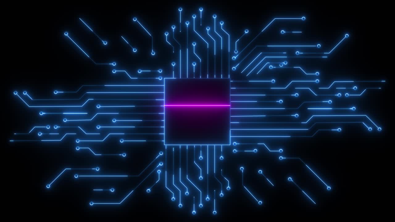 Futuristisk printplade-animation, elektronisk datastrøm, glødende printplade-animation, højteknologisk